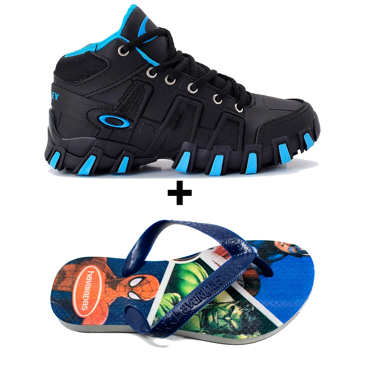 Kit Menino Tênis Infantil Botinha Oakley + Chinelo Infantil Havaianas Heróis